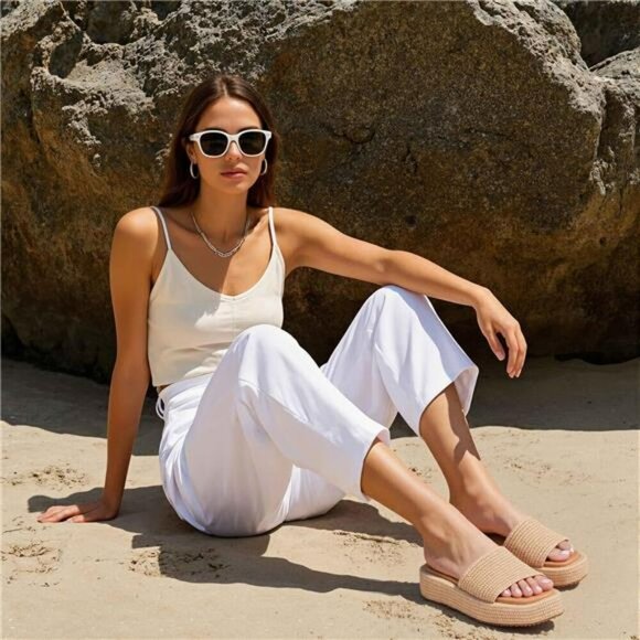 Platform Espadrille Sandals Women Slip On Wedge Slides Open Toe Beach Shoes - Picture 4 of 7